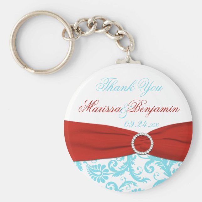 Aqua and White Damask with Red TrINTED Ribbon Nyckelring (Framsidan)