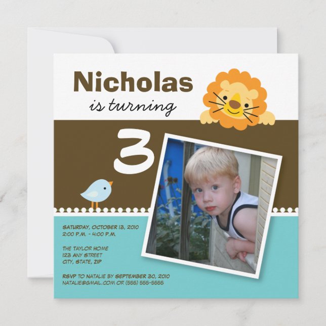 Aqua Anpassningsbar Lejonare och Birdie Födelsedag Inbjudningar (Framsida)