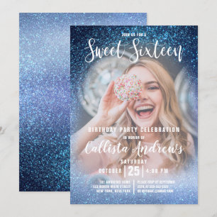 Aqua Baby blue Triple Glitter Ombre Photo Sweet 16 Inbjudningar