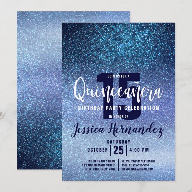 Aqua Baby blue Triple Glitter Ombre Quinceaña Inbjudningar (Fram/baksida)
