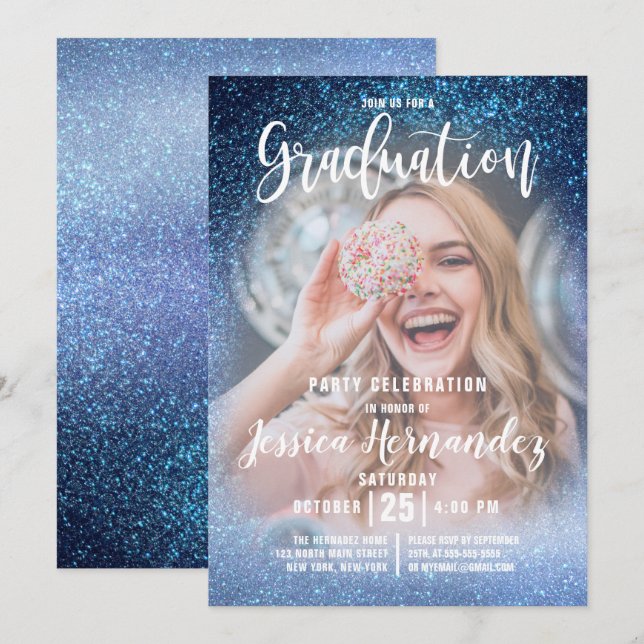Aqua Baby blue Triple Glitter Photo Studenten Inbjudningar (Fram/baksida)