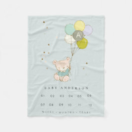 Aqua Bear Balloon Boys Monogram Baby Milestone Fleecefilt