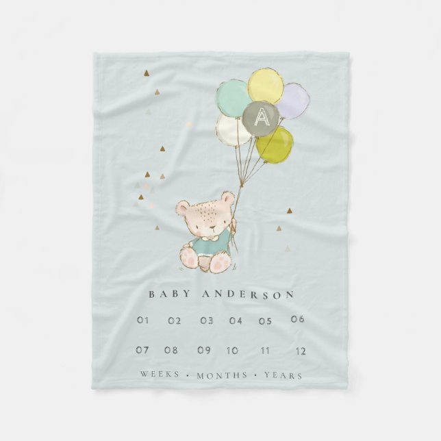 Aqua Bear Balloon Boys Monogram Baby Milestone Fleecefilt (Framsidan)