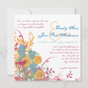 Aqua Beeswax Raspberry Vild Flower Bird Bröllop Inbjudningar