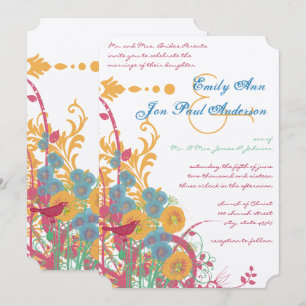 Aqua Beeswax Raspberry Vild Flower Bird Bröllop Inbjudningar