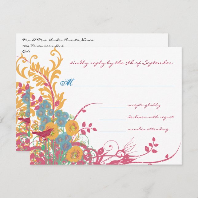 Aqua Bivax Hallon Vild Blomma Fågel Bröllop Inbjudningar (Fram/baksida)