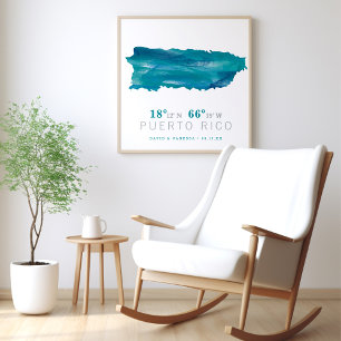 Aqua Blå Akvarell Puerto Rico Kartkoordinater Poster