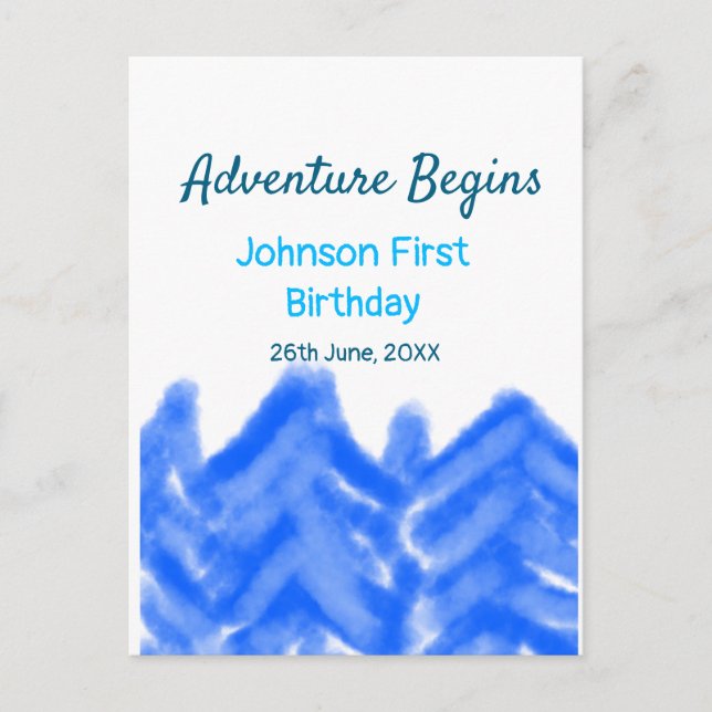 Aqua blå Äventyret börjar 1-årsdag berg d Vykort (Framsida)