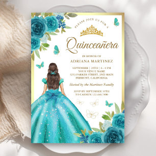 Aqua Blå Blommig Klänning Fjäril Guld Quinceanera Inbjudningar