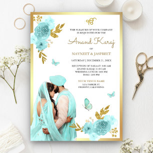 Aqua Blå Blommig Punjabi Anand Karaj Sikh Bröllop Inbjudningar