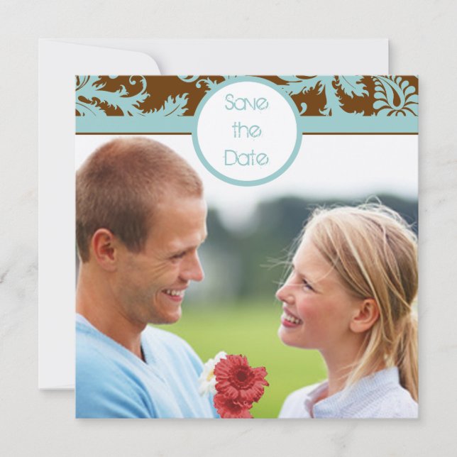 Aqua Blå Damask på Brun Bröllopsinbjudan Inbjudningar (Framsida)