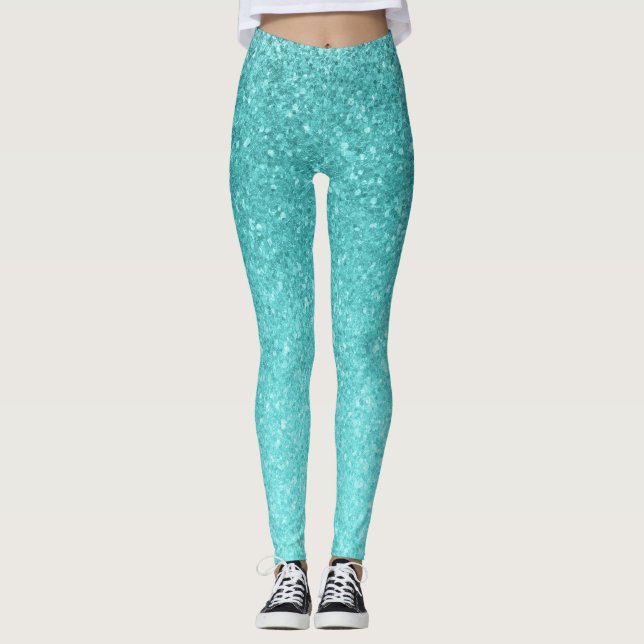 Aqua Blå Glitter Glans Girlly Glam Sjöjungfru Leggings (Framsida)