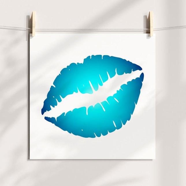 Aqua Blå Låppstift Puss på Vitt Poster (Aqua Blue Lipstick Kiss on White Poster)