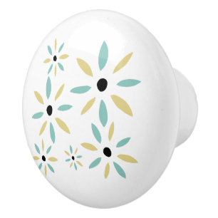 Aqua Blå Och Gula Mid Century Blommor Knopp
