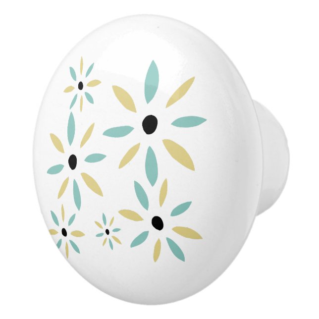 Aqua Blå Och Gula Mid Century Blommor Knopp (Höger)