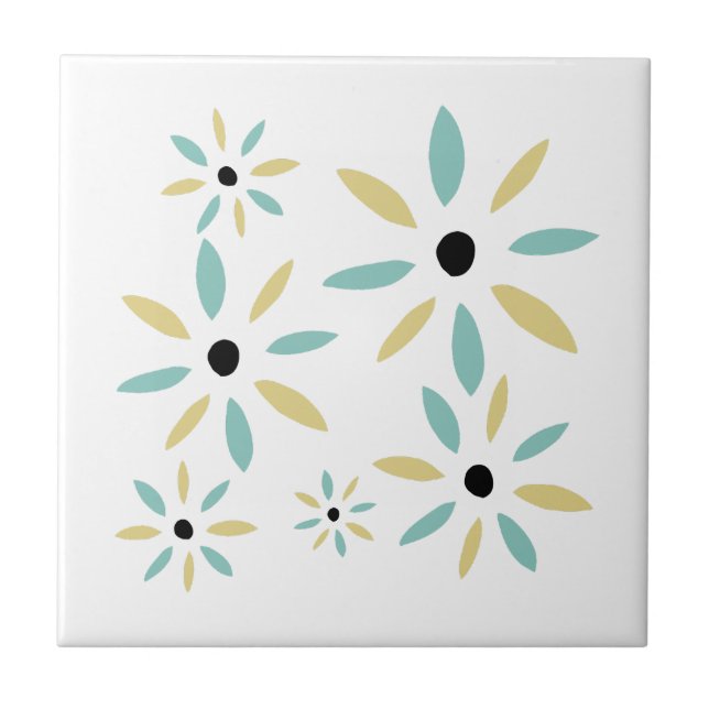 Aqua Blå Och Gula Mid Mod Retro Blommor Kakelplatta (Framsidan)