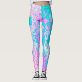 Aqua Blå och het rosa hortensia landskap Leggings