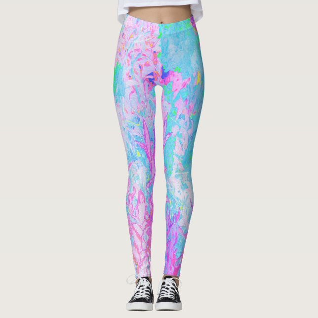 Aqua Blå och het rosa hortensia landskap Leggings (Framsida)