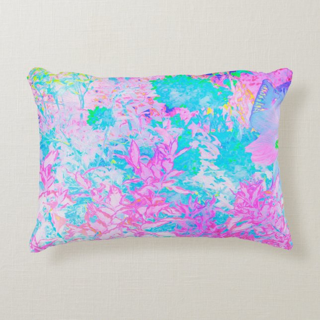 Aqua Blå och het rosa hortensia landskap Prydnadskudde (Framsidan)