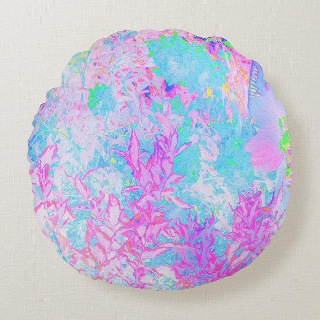 Aqua Blå och het rosa hortensia landskap Rund Kudde (Framsidan)