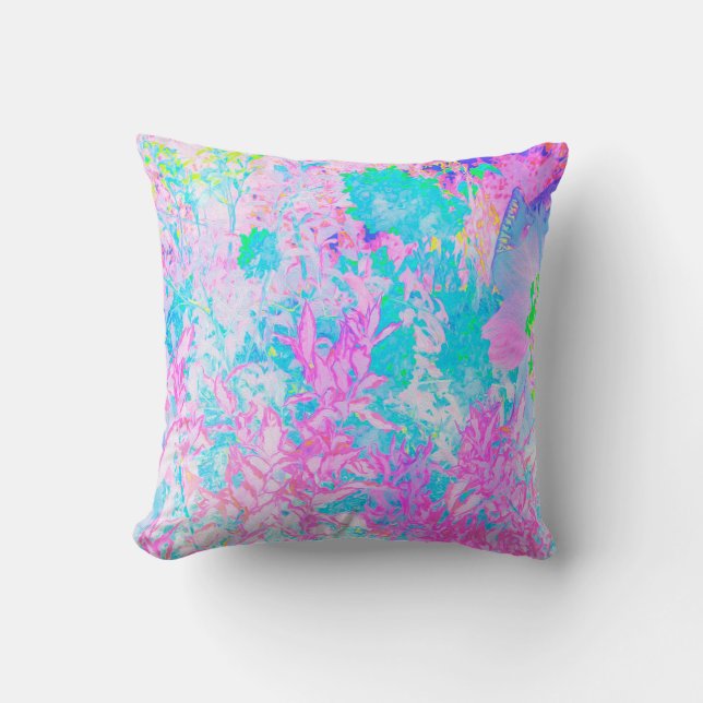 Aqua Blå och het rosa Hydrangea Landskap Kudde (Framsida)