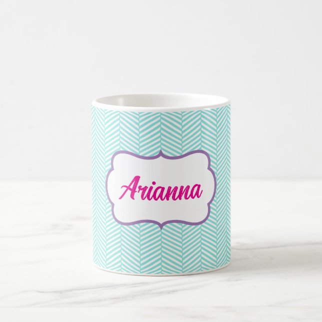 Aqua Blå och Lavendel Lila Chevron Namn Kaffemugg (Center)