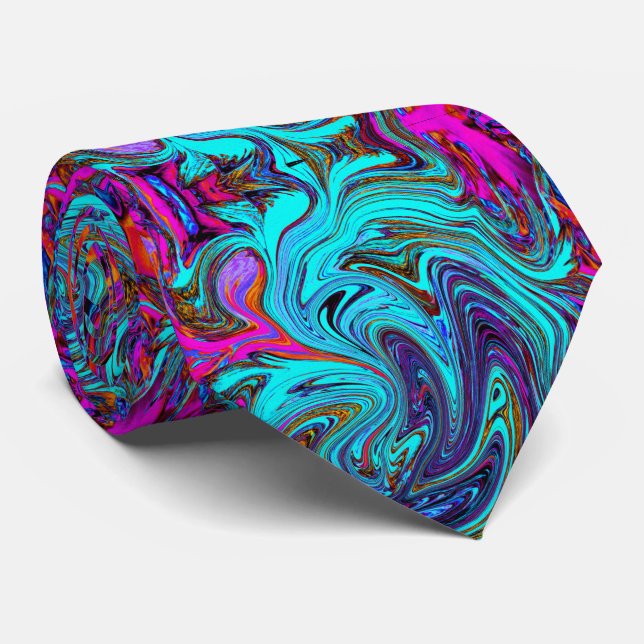 Aqua Blå och Svart Groovy Abstrakt Retro Konst Slips (Rullad)