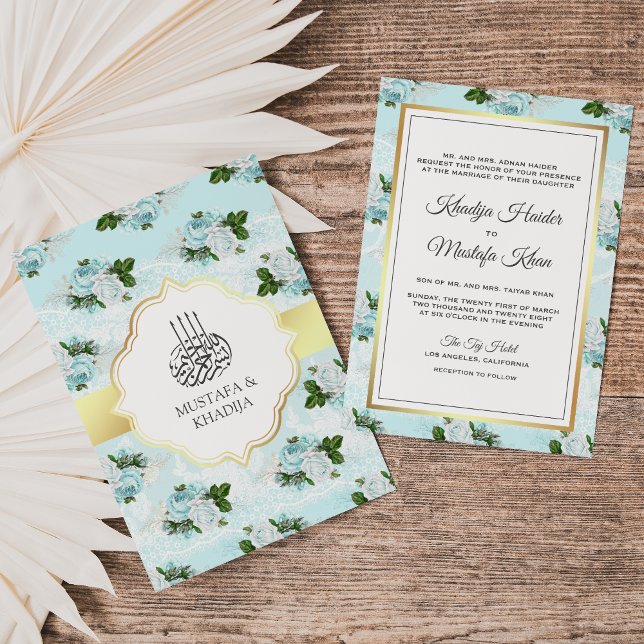 Aqua Blå och Vita Rosor Blommig Muslimsk Bröllop Inbjudningar (Skapare uppladdad)
