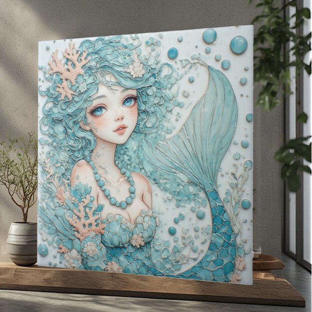 Aqua Blå Ögon Havsfrusyn Ocean Fantasi Bubblor Kor Kakelplatta (Aqua Blue Eye Mermaid Ocean Fantasy Bubbles Coral Ceramic Tile)