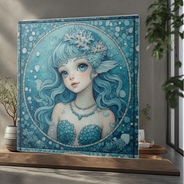 Aqua Blå Ögon Siren Tropiskt Hav Småsten Korall Kakelplatta (Aqua Blue Eye Mermaid Tropical Ocean Pebbles Coral Ceramic Tile)