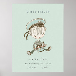 Aqua Blå Pojkar Liten Sjöman Marin Födelsestatus Poster