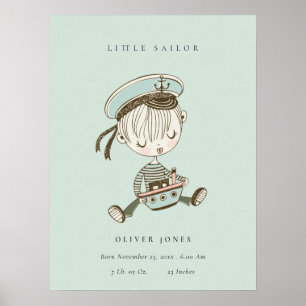Aqua Blå Pojkar Liten Sjöman Marin Födelsestatus Poster