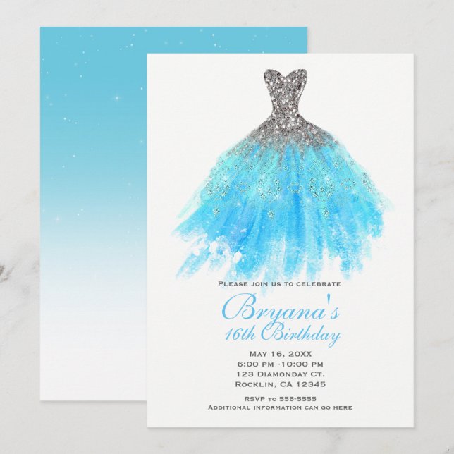 Aqua Blå Silver Glitter Glam Klänning Sweet 16 Fes Inbjudningar (Fram/baksida)