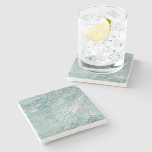 Aqua Blå Silver Ormtryck Stenunderlägg (Sidan)
