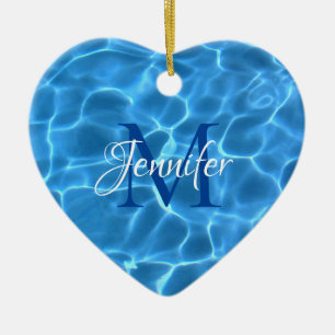 Aqua Blå Simbassäng Vatten Foto Monogram Julgransprydnad Keramik