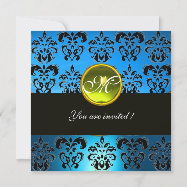 AQUA BLÅ SVART  DAMASK MONOGRAM, gul topas Inbjudningar (Framsida)