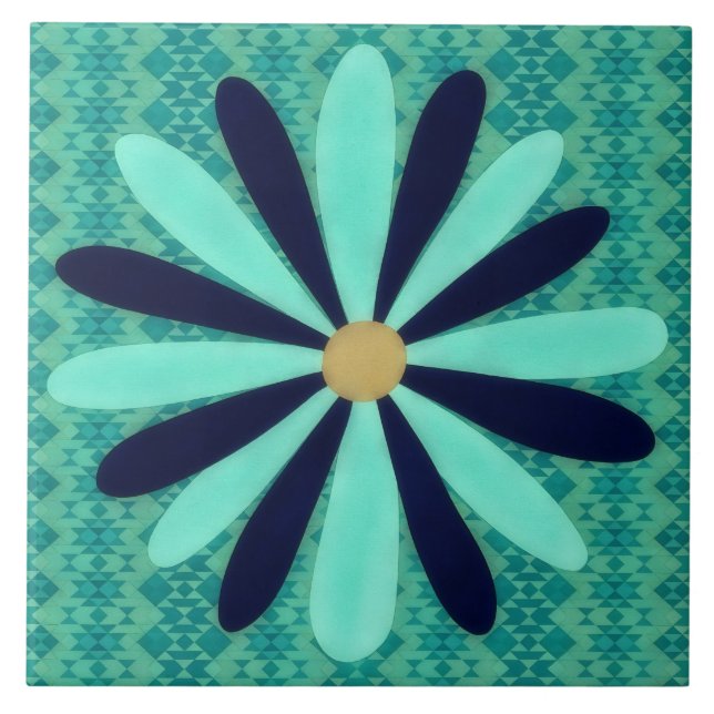Aqua Blå Sydvästlig Stil Blommig Dekorativ Konst Kakelplatta (Framsidan)