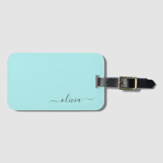 Aqua Blå Teal Flickaktig Skrift Monogram Namn Mode Bagagebricka