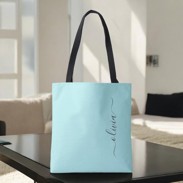 Aqua Blå Teal Girlig Skript Monogram Modern Tygkasse (Skapare uppladdad)