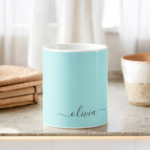 Aqua Blå Teal Girly Skrift Monogram Namn Modern Kaffemugg