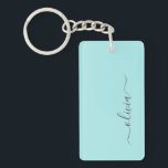 Aqua Blå Teal Modern Skript Flicka Monogram Namn Nyckelring<br><div class="desc">Aqua Blå Teal Enkel Skript Monogram Namn Nyckelring. Detta gör den perfekta söta 16-års födelsedag,  bröllop,  bröllopsdusch,  årsdag,  baby shower eller möhippa present för någon som älskar glam luxuöst och chic stilar.</div>