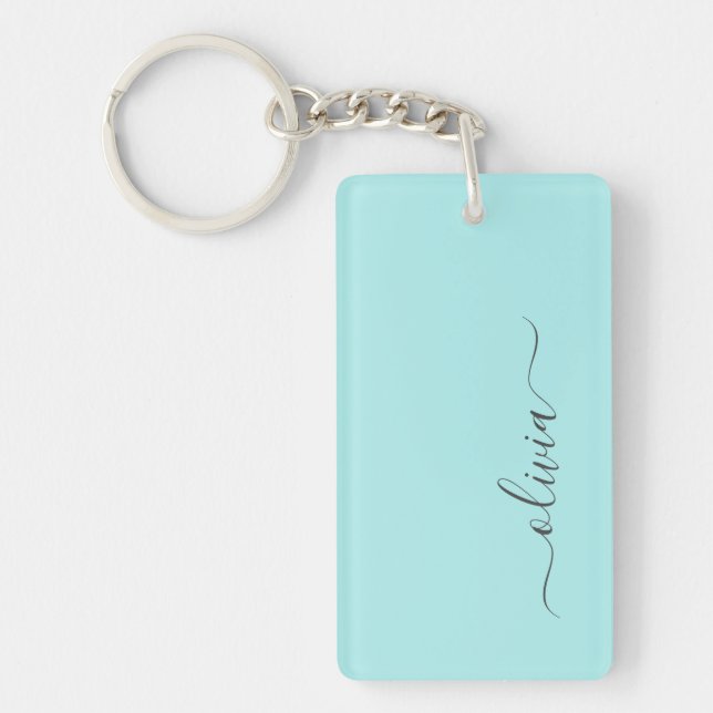 Aqua Blå Teal Modern Skript Flicka Monogram Namn Nyckelring (Framsidan)