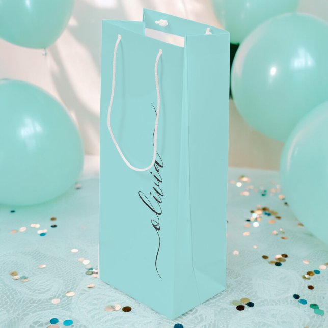 Aqua Blå Teal Modern Skript Flickaktig Monogram Na (Skapare uppladdad)