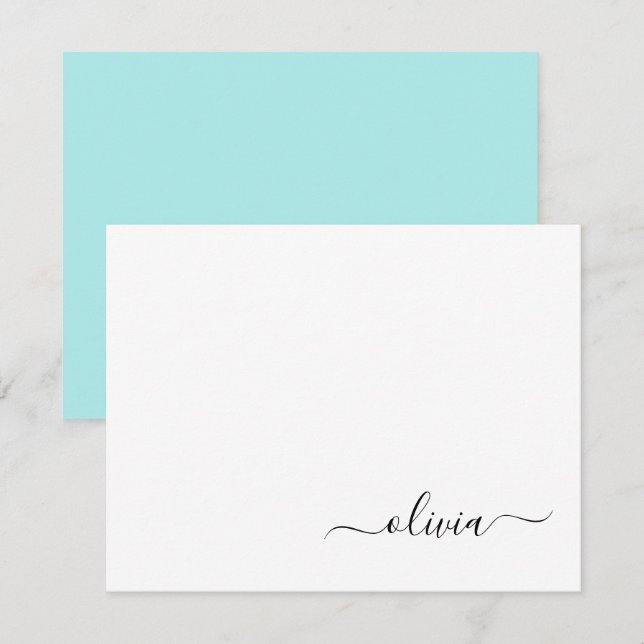 Aqua Blå Teal Modern Skript Flickaktig Monogram Na Tack Kort (Fram/baksida)