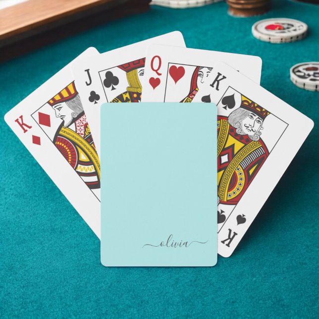 Aqua Blå Teal Modernt Skript Feminint Monogramnamn Casinokort (Skapare uppladdad)