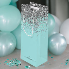 Aqua Blå Teal Silver Glitter Monogram