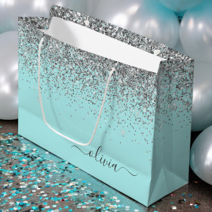 Aqua Blå Teal Silver Glitter Monogram