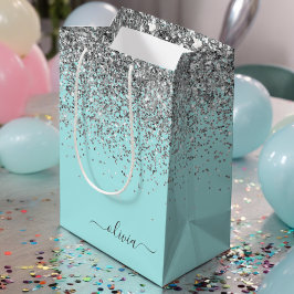 Aqua Blå Teal Silver Glitter Monogram