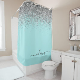 Aqua Blå Teal Silver Glitter Monogram