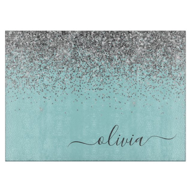 Aqua Blå Teal Silver Glitter Monogram (Framsidan)
